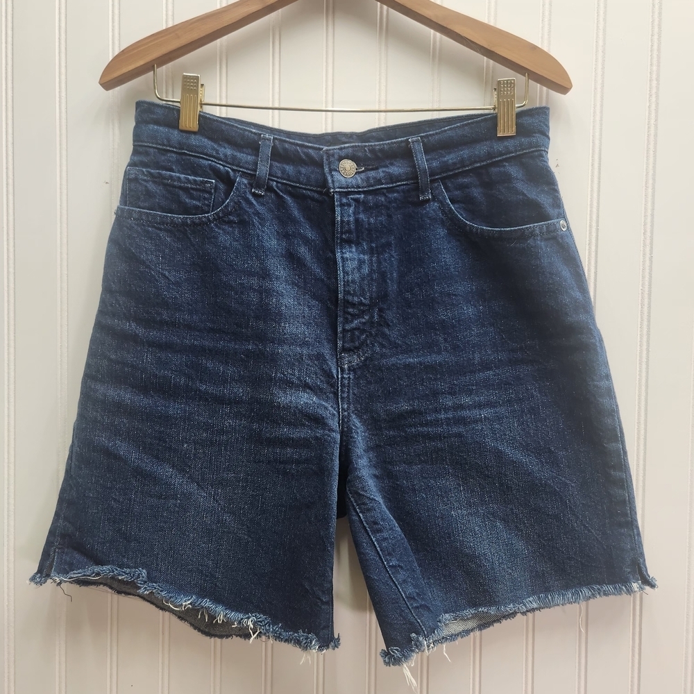 Express High Rice Dark Blue Bermuda Denim Shorts Cutoff Midrise Wash Flay